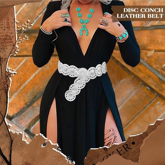 Women Vintage Disc Waist Concho Leather Belt Boho Waist Belt Silver Buckle main image 7